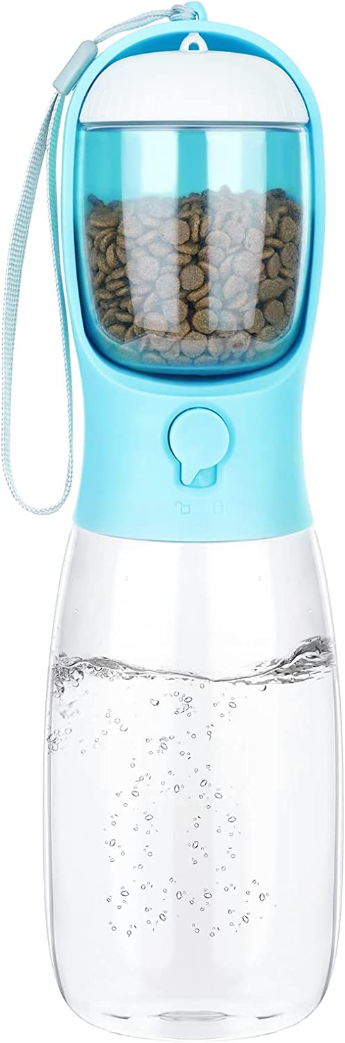 Osportfun Hundetrinkflasche, Tragbarer Hundewasserflasche für Unterwegs, 550ml ​Leckdichte Wasserspender mit 100ml Futterbehälter, Hundetrinkflasche mit Aktivkohlefilte für Große Kleine Hunde